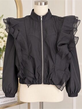Black Ruffle Zip-Front Women's Jacket
